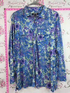 Lands' End Blue and Purple Floral Button-Up Blouse